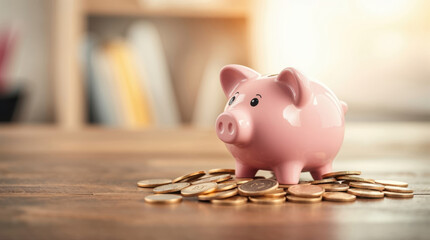 a pink piggy bank on gold coins