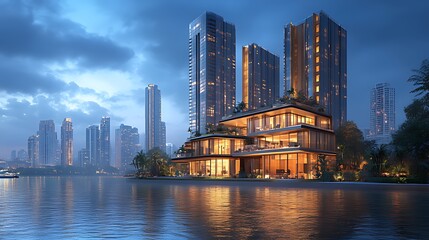 Luxurious waterfront apartments at dusk, modern high-rise buildings reflecting in calm water.