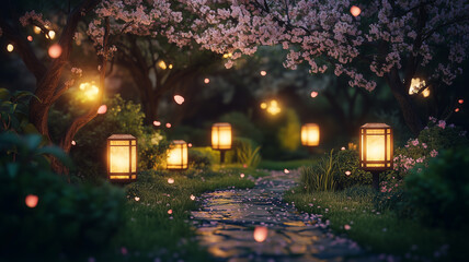 A serene moonlit garden with cherry blossom lanterns illuminating the path, casting a warm glow on the lush greenery, soft petals in the air. Ai generated