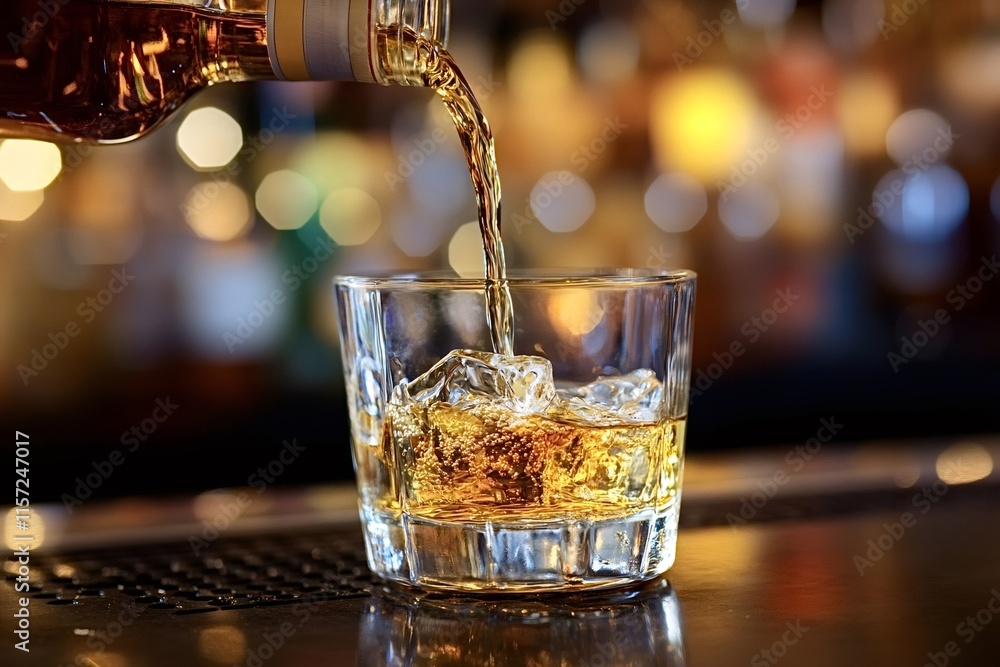 Poster whiskey is pouring from a bottle into a rocks glass filled with ice on a bar counter with blurred ba