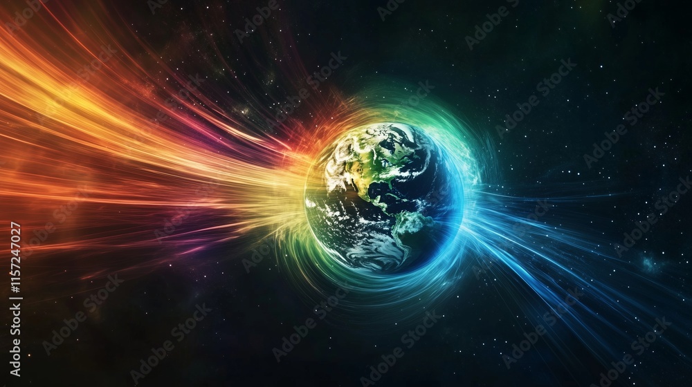 Poster earths gravitational fields being disturbed with flickering changes in light and color.