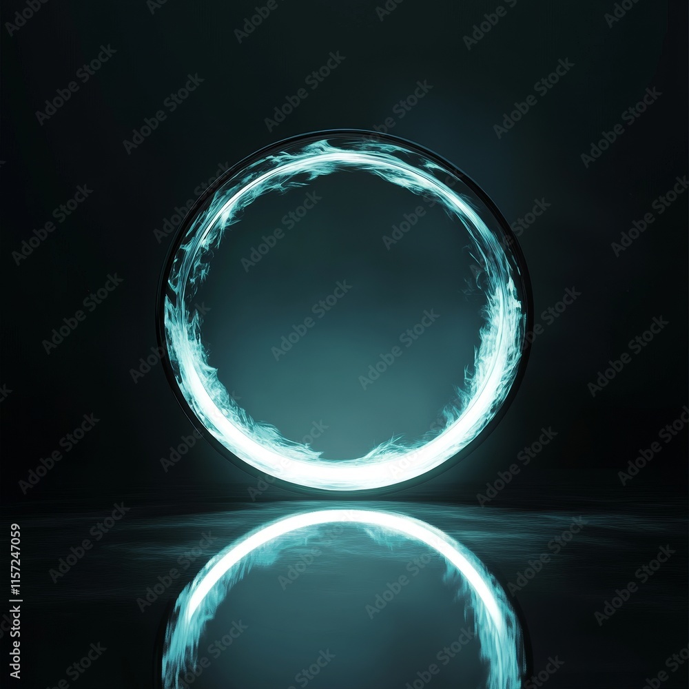 Poster glowing circular portal with shimmering light effect in a dark environment reflecting on a smooth su