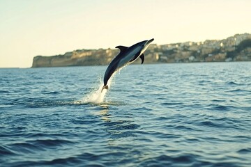 Fototapeta premium Wild dolphin jumping gracefully out of the vibrant blue water near a coastal area, with charming buildings perched on a hill, basking in the warm glow of the golden hour