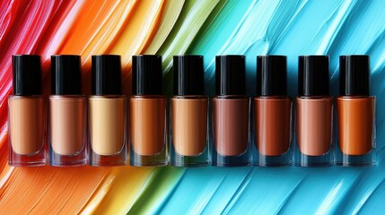 Fototapeta premium A row of nail polish bottles in various skin tones against a colorful background.
