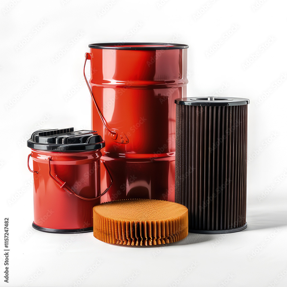 Poster a collection of red industrial containers and filters for various applications. isolated on white ba