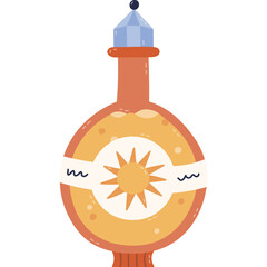 Lovely cartoon magic potion in round bottle with sun symbol on label, vintage lid for sunshine energy. Hand drawn esoteric and alchemy elixir in glass jar of witch and wizard isolated on white.