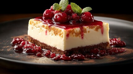 Delicious cheesecake slice topped with berry sauce and mint.