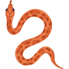 Lovely cartoon snake slithering with tongue out in the top view. Hand drawn poison viper as sign of wizard, mystic, witchcraft. Orange dangerous serpent isolated on background. Jungle or zoo snake 