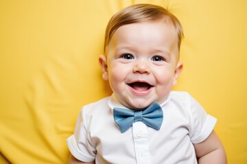 Adorable Baby Boy Smiling in Bow Tie and White Onesie Perfect for Baby Shower or Birthday Party Invitations