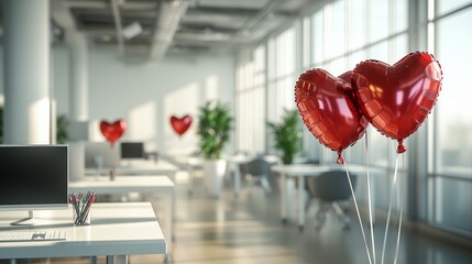 Modern office workspace decorated with red heart shaped foil balloons near each table.