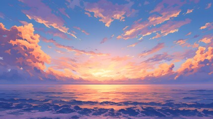 Pixel art sunset over a calm ocean, clouds in the sky, anime style