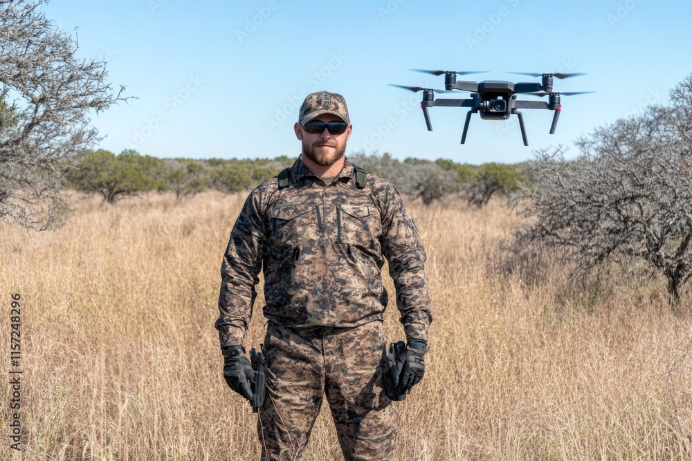 Poster A hunter using a drone to scout the terrain, with a remote control in hand and a determined look on their face