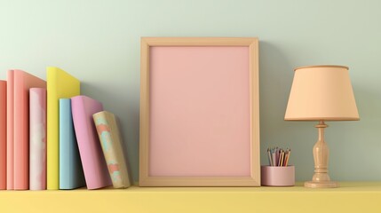 A standing vertical picture frame with a 2:3 aspect ratio on a shelf in a playful nursery, surrounded by colorful books, a small lamp, gentle pastel colors, close up of picture frame, photo realistic