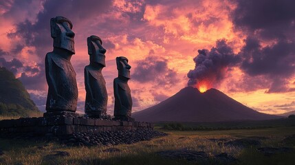 Moai Statues Against Erupting Volcano at Dusk
