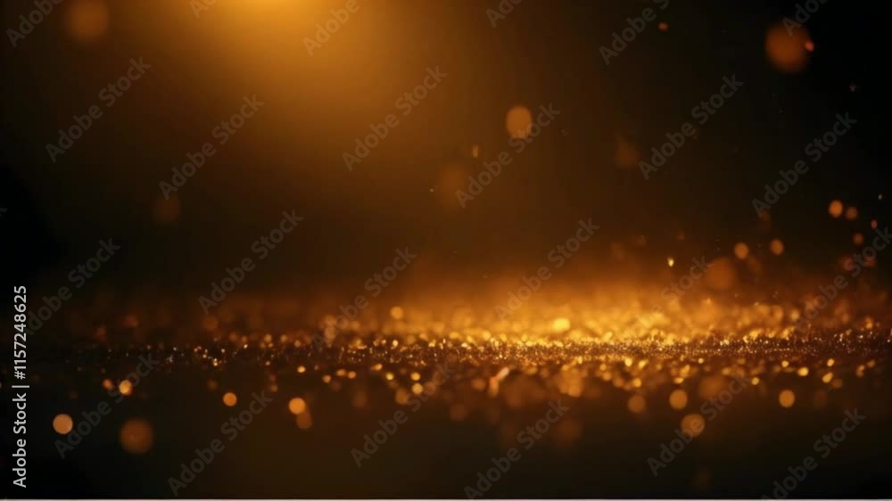 Poster golden sparkling particles illuminated on a dark background, creating a warm glowing effect