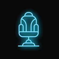 Blue neon sign depicting a comfortable office chair with armrests and wheels