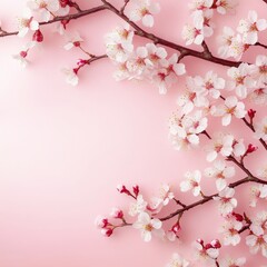 Cherry Blossom Branch With Delicate Flowers on Light Pink Background in Springtime Setting
