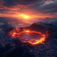 Hyperrealistic Alien Crater with Glowing Lava Lake and Sunset