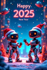 Happy New Year 2025 and Merry Christmas greeting card. Cute robot in Santa Claus hat and virtual reality glasses on the background of night city.