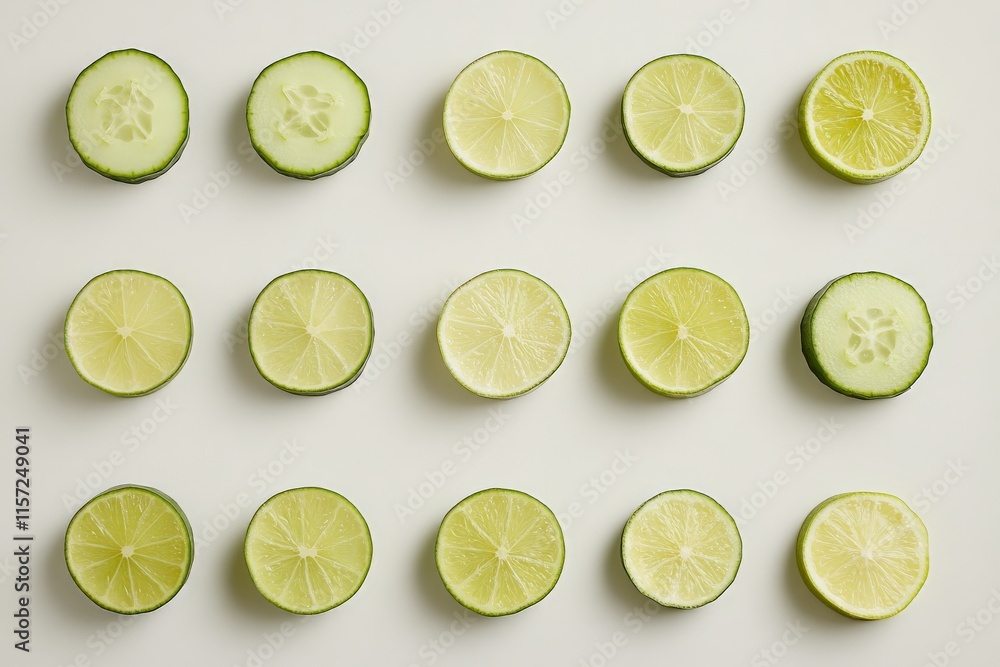 Aufkleber A grid of neatly sliced cucumbers and limes on a light background, showcasing a symmetrical and organized display with vibrant green hues and circular shapes.