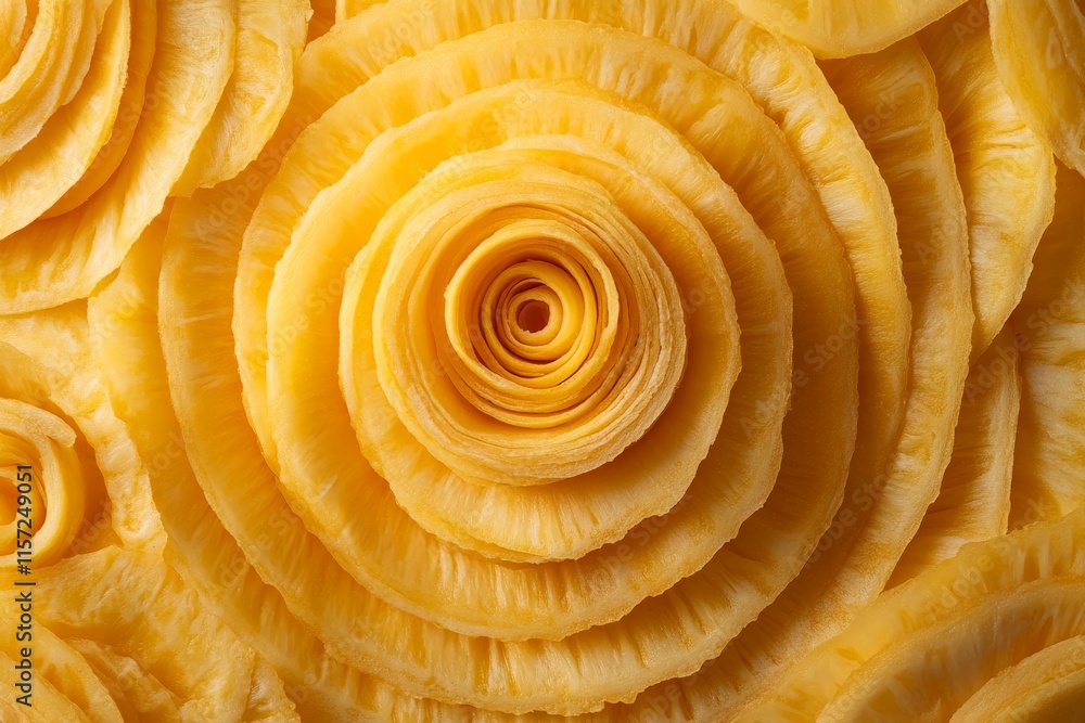 Poster an intricate pattern of thinly sliced yellow fruit curls, arranged in concentric circles, offering a