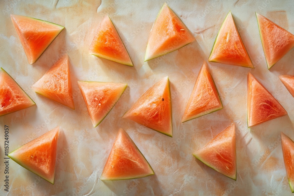 Poster a beautiful artistic arrangement of triangle-shaped orange watermelon slices on a textured backgroun