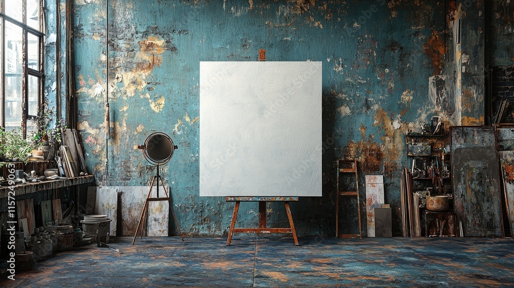 Poster a rustic art studio featuring an empty canvas on an easel against a textured wall.