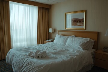 A hyper-realistic image of a freshly made hotel bed with crisp white linens, a folded robe, and a welcome note placed neatly on the pillow