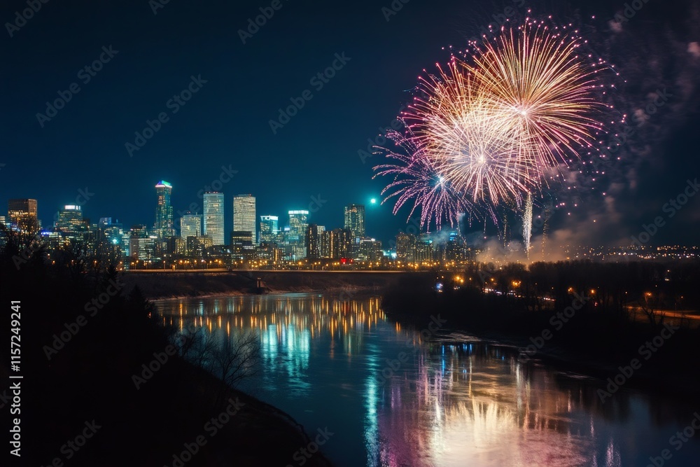 Aufkleber Brilliant fireworks explode over a glowing city skyline, reflecting majestically on a river below, creating a mesmerizing scene filled with awe and delight.