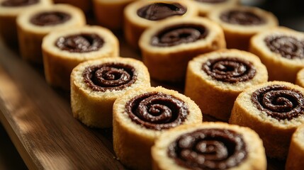 Fototapeta premium Sliced sponge cake rolls with swirls of chocolate cream filling, arranged neatly on a wooden board.