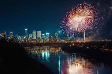 Fototapeta premium Brilliant fireworks explode over a glowing city skyline, reflecting majestically on a river below, creating a mesmerizing scene filled with awe and delight.
