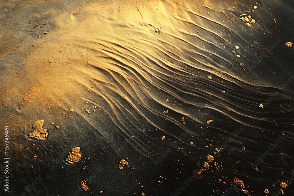 Poster ripples in the golden sand, adorned with scattered seashells, show the intricate designs created by 