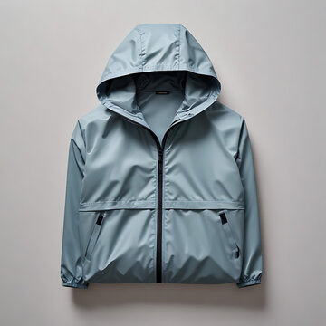 A folded rain jacket in a compact travel pouch, placed on a light gray background.