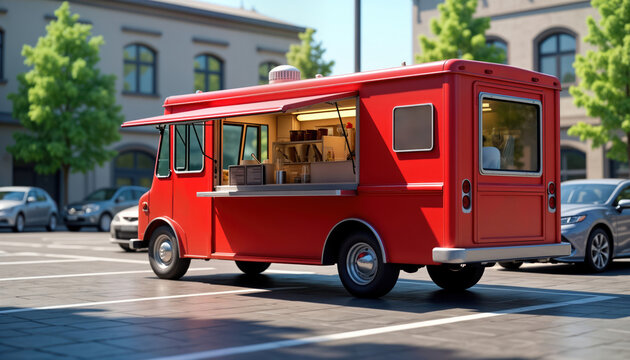 Red food truck parked in city parking lot. Service door open. Menu displayed. Cars parked around. Sunny day. Busy urban setting. Food truck business concept. Mobile eatery. Retro style. Catering
