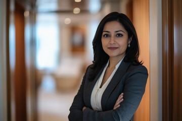 A confident professional woman in a dark suit with her arms crossed, standing firmly in a modern interior, embodying strength and determination in business.