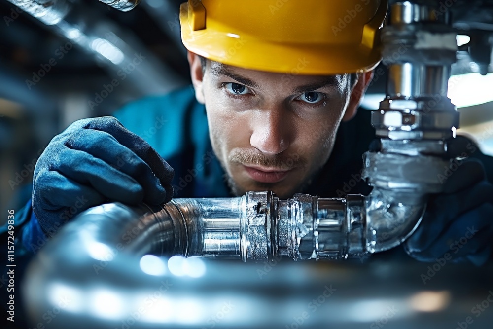 Aufkleber A plumber in a hard hat and gloves is intensely focused on inspecting pipes, demonstrating a dedication to craftsmanship and problem-solving in his maintenance duties.