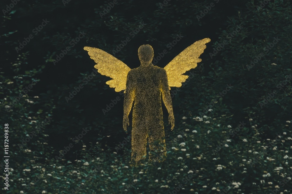 Poster a magical human figure with glowing wings, standing in an enchanted forest filled with sparkling lig