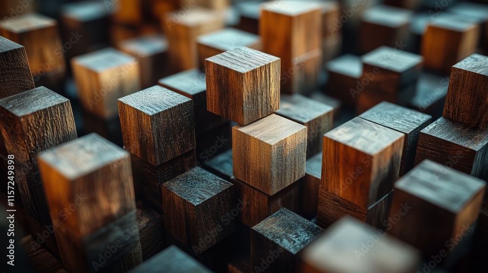 Poster close-up view of abstract wooden blocks in various arrangements