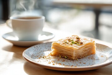 Baklava and Coffee at Seaside Cafe with Gentle Waves