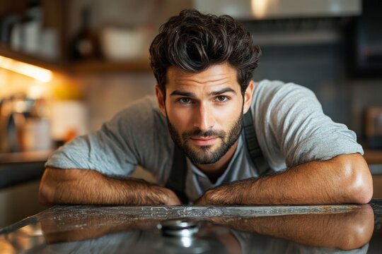 A man with dark hair leans on a kitchen counter, conveying a sense of focus. The kitchen has warm lighting, giving an intimate and homely atmosphere.