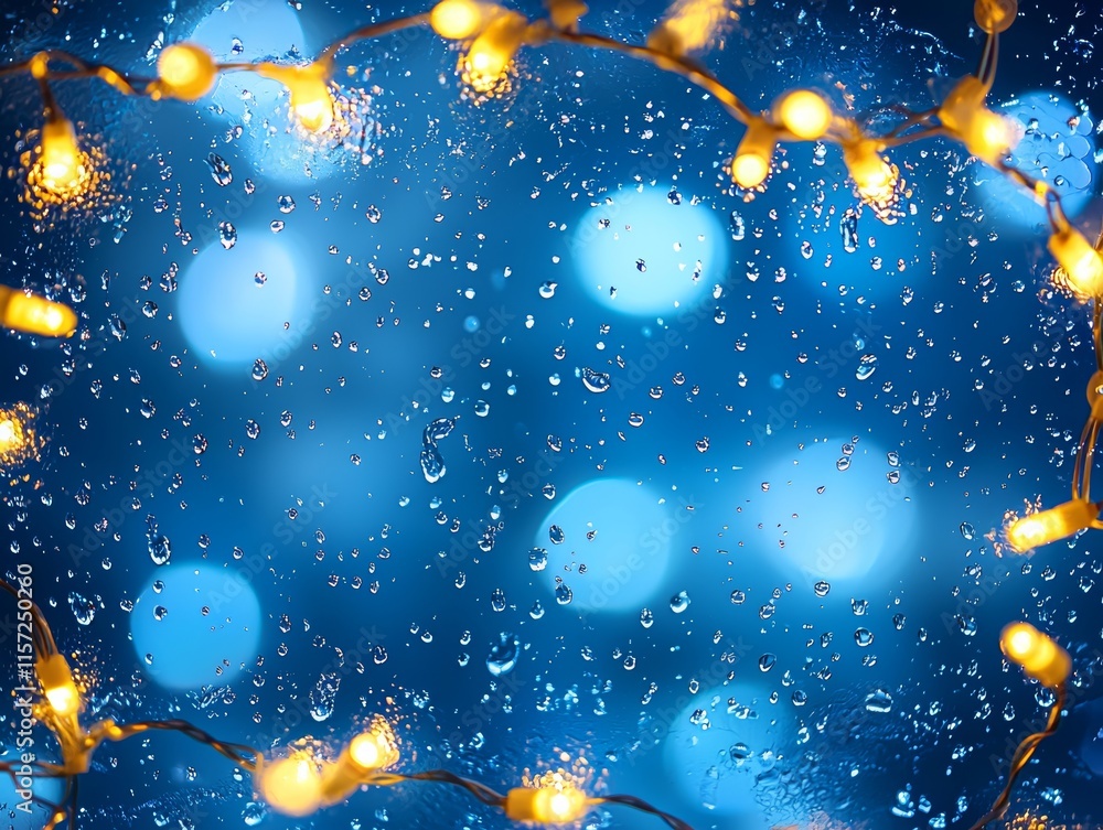 Poster brightly illuminated string lights glowing amidst raindrops on a glass surface creating a dreamy atm
