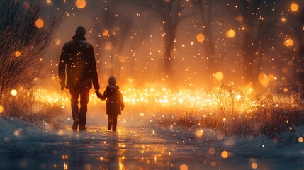 Warm Sunset Stroll Through a Snowy Landscape With Child Holding Parent's Hand During Winter Evening
