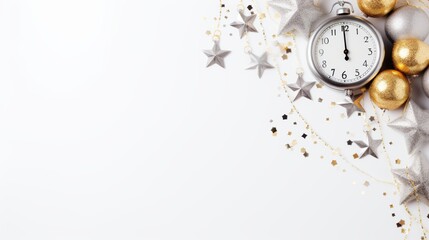 Elegant New Year Celebration Background with Silver and Gold Decorative Elements, Clock, Stars, and Confetti - Flat Lay Style with Free Text Space