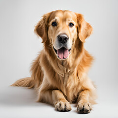 golden retriever dog,"Adorable Golden Retriever Puppy: Happy Purebred Canine Sitting in a Studio Portrait &ndash; A Cute, Young Dog with Soft White and Brown Fur, Panting with Tongue Out"
