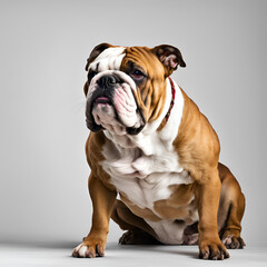 Obraz premium english bulldog puppy,Cute Purebred Canine Sitting in a Studio Portrait – A Young, White and Brown Bulldog with an Endearing Expression, Isolated on a Clean White Background