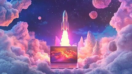 Rocket startup launch visual: Laptop with a vibrant rocket taking off on a bold background.