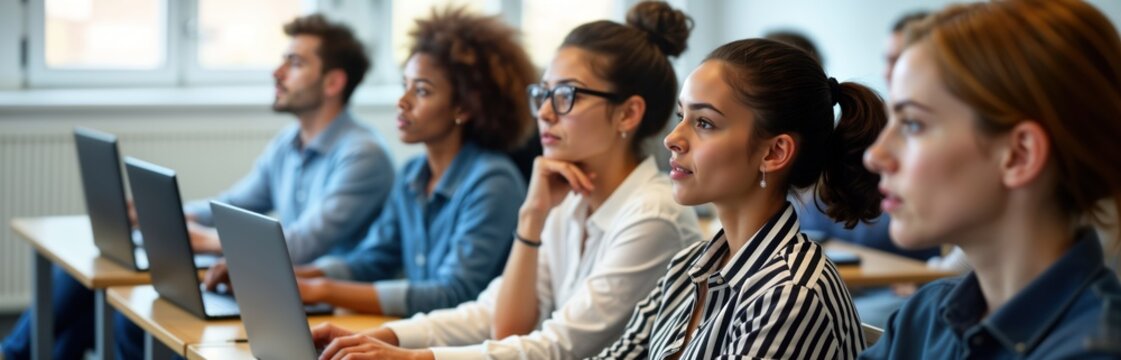 Diverse adults attend education lecture in classroom. Attentive students actively learn. Group of people engage in professional growth seminar. Adults taking notes. Learning environment encouraging