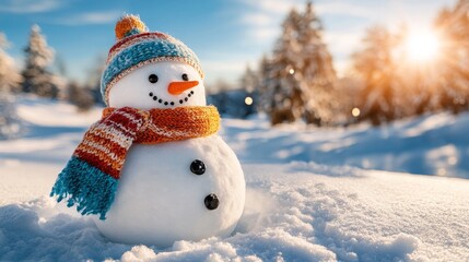 Naklejka premium Cheerful Snowman Wearing a Colorful Hat and Scarf in a Winter Landscape With Snow-Covered Trees During Sunset