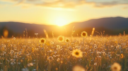 Warm Sunrise Over Field of Sunflowers and Wildflowers in Nature