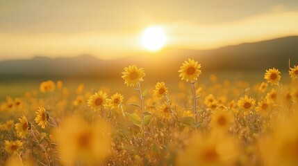 Bright Sunflowers Blooming in a Sunlit Field at Golden Hour